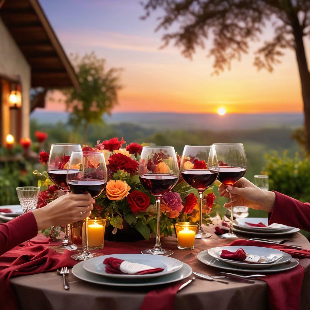 A beautifully set table outdoors with elegant wine glasses filled with deep red wine, surrounded by a vibrant floral arrangement and soft candlelight. A group of friends is joyfully toasting, with smiles and laughter echoing the celebration. The background features a picturesque sunset, adding a warm glow to the scene. super-realistic. vibrant colors. outdoor setting.