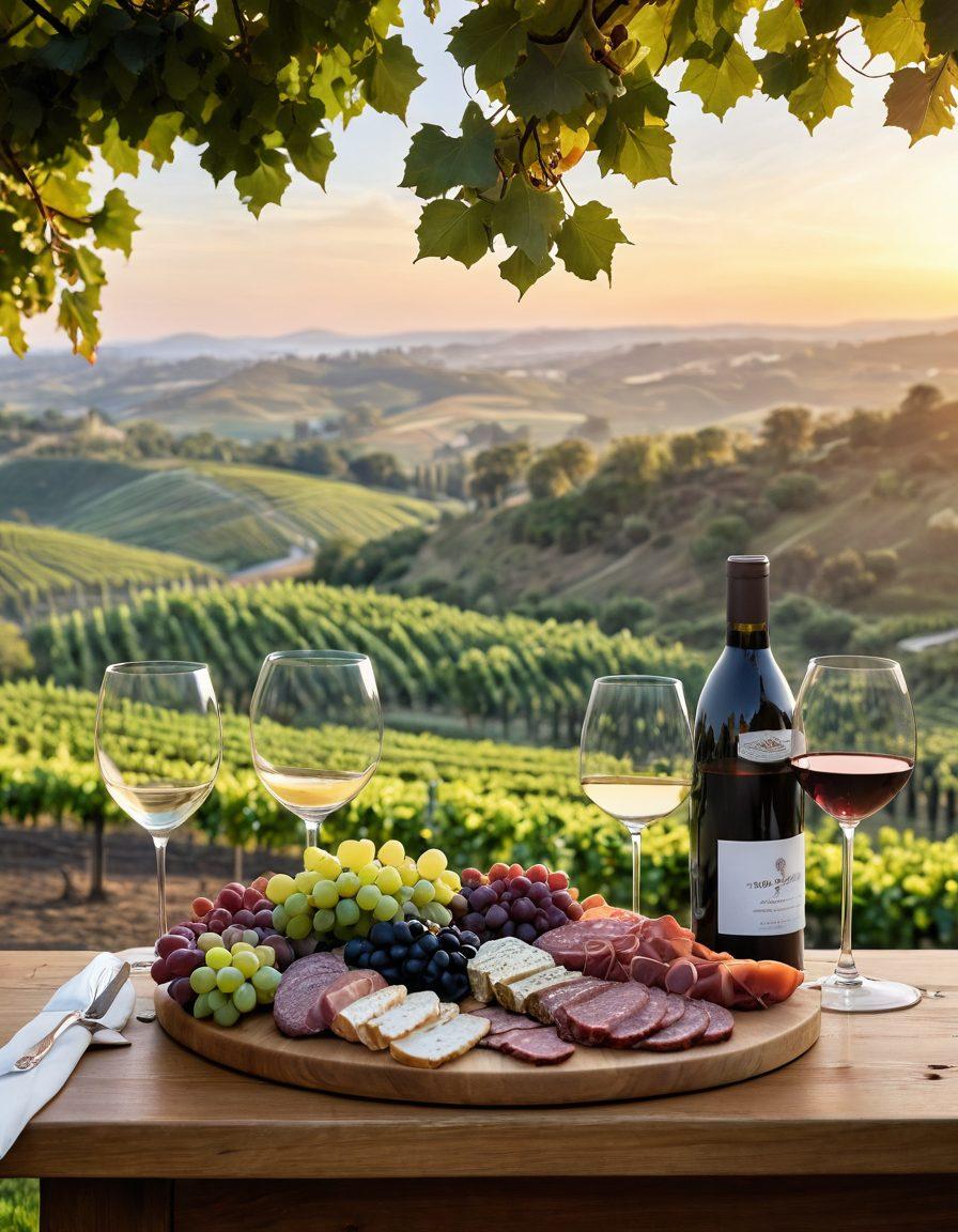 A picturesque vineyard landscape at sunset, with lush grapevines stretching across rolling hills. In the foreground, a beautifully arranged wine tasting setup featuring an elegant bottle, crystal glasses filled with red and white wine, and a charcuterie board. Soft golden light illuminates the scene, enhancing the warmth of the vineyard ambiance. super-realistic. vibrant colors. natural lighting.