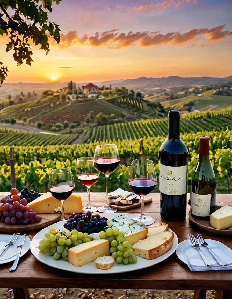 A beautifully set dining table with an array of colorful wine bottles and glasses, surrounded by delectable cheese and gourmet food pairings, lush vineyards in the background under a sunset sky. Savoring the joy of tasting experiences, with subtle elements like a notebook and tasting notes beside a half-filled wine glass. Exquisite details and inviting ambiance. super-realistic. warm colors. elegant setting.